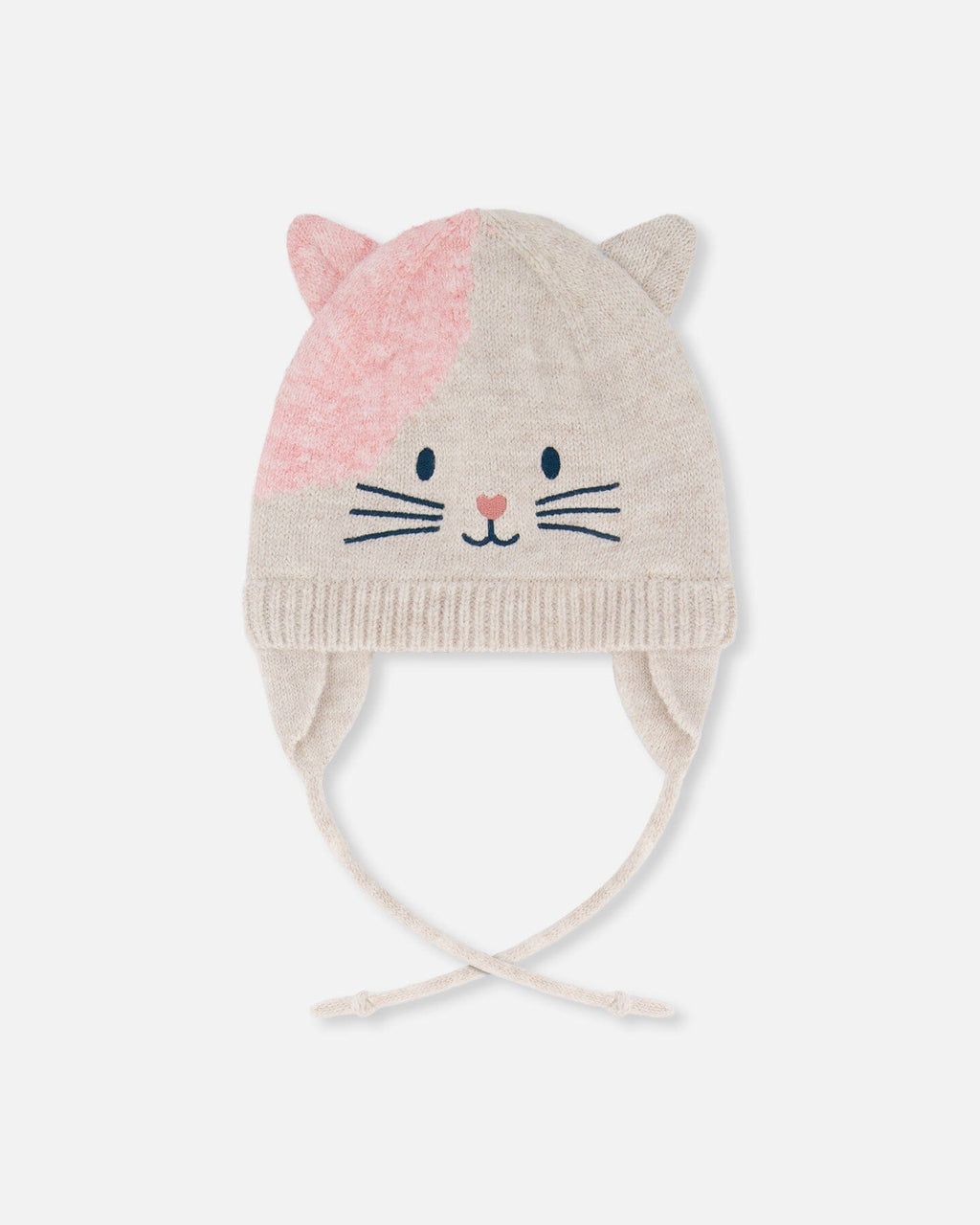 Lined Knit Hat With Ears Off-White And Pink