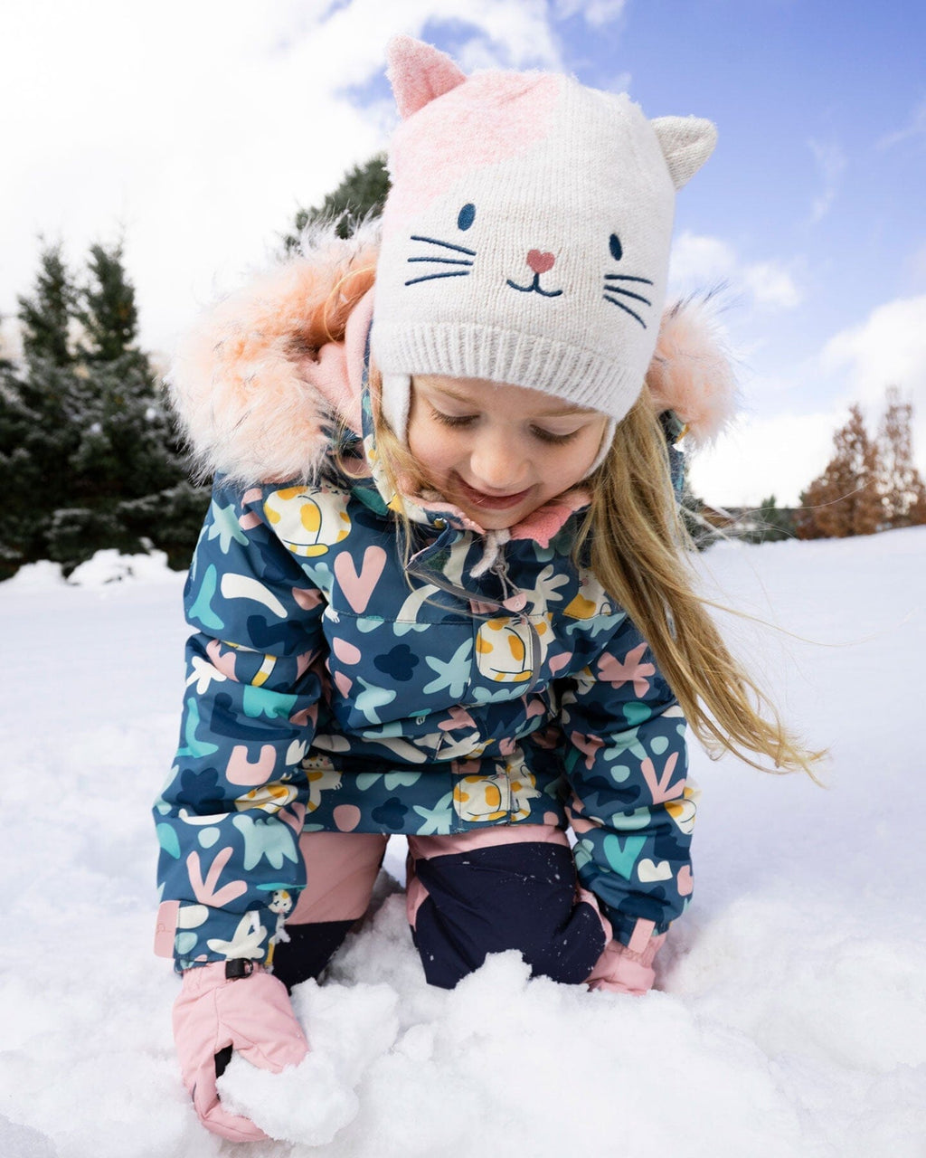 Lined Knit Hat With Ears Off-White And Pink