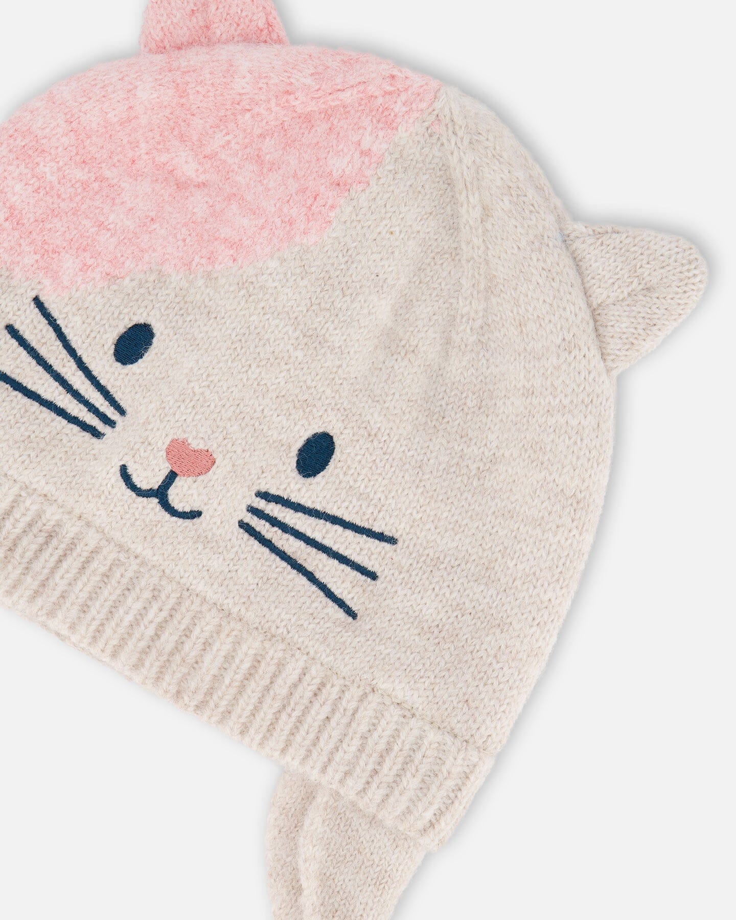 Lined Knit Hat With Ears Off-White And Pink