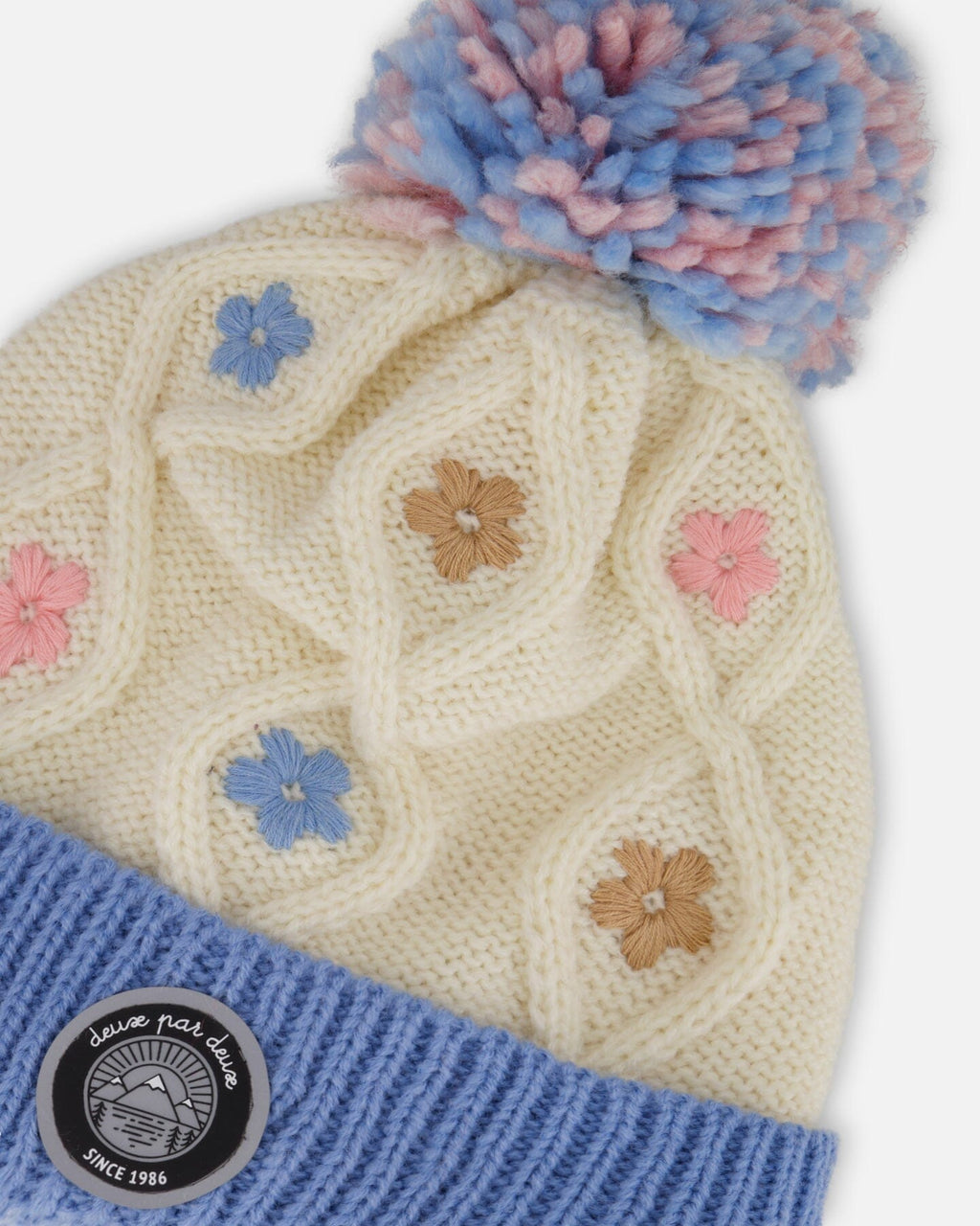 Lined Knit Hat With Ears Off-White And Blue