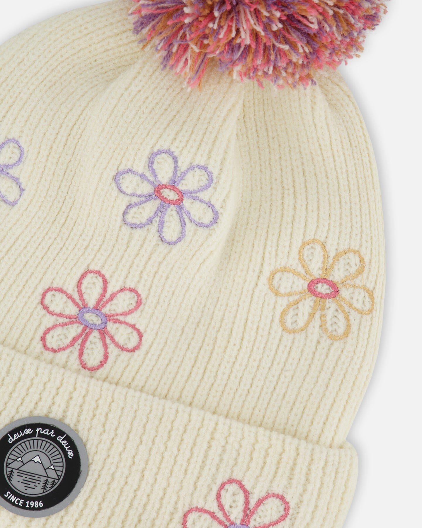 Lined Knit Pompom Hat Off-White And Pink