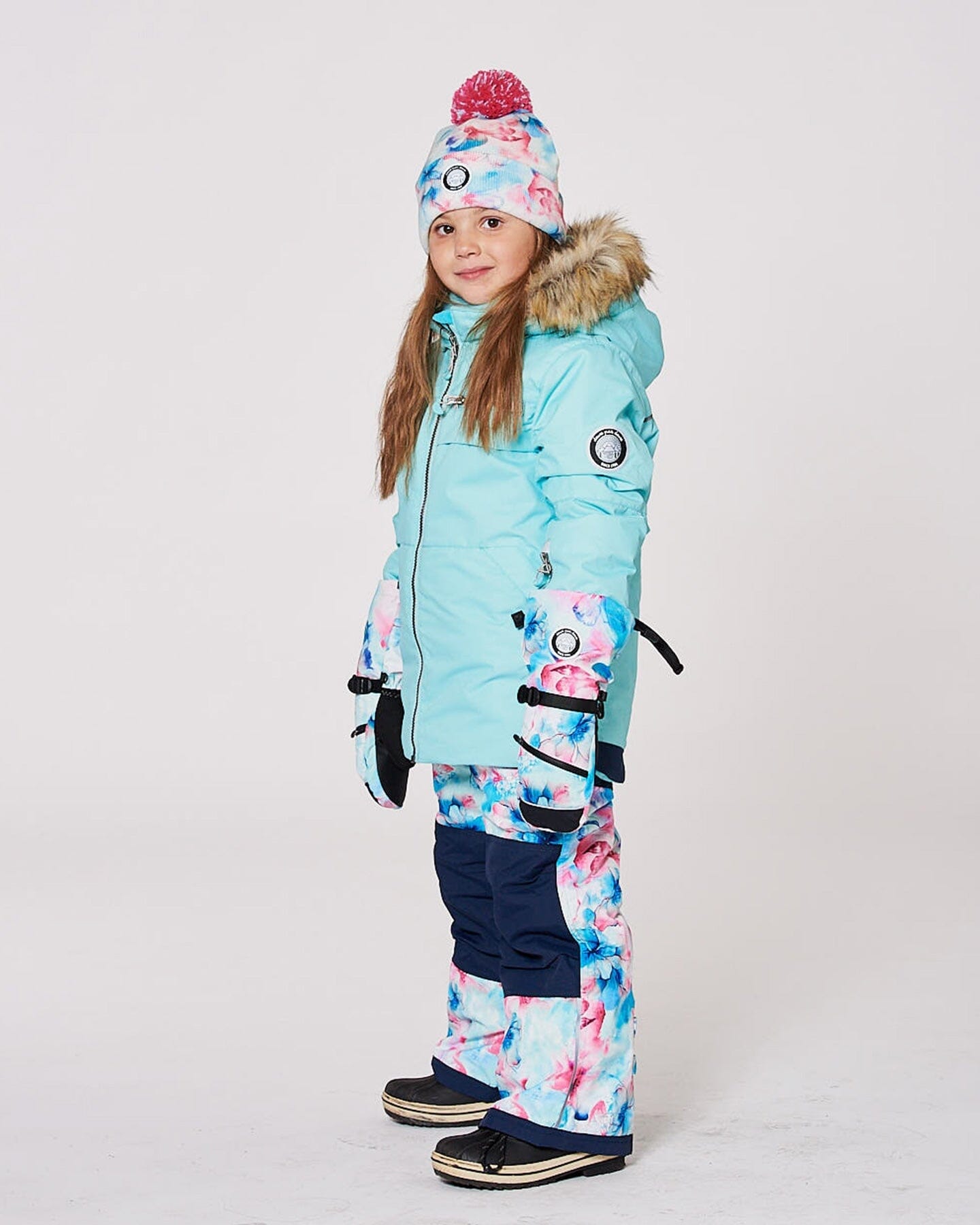 Lined Knit Pompom Hat Blue Flower Print