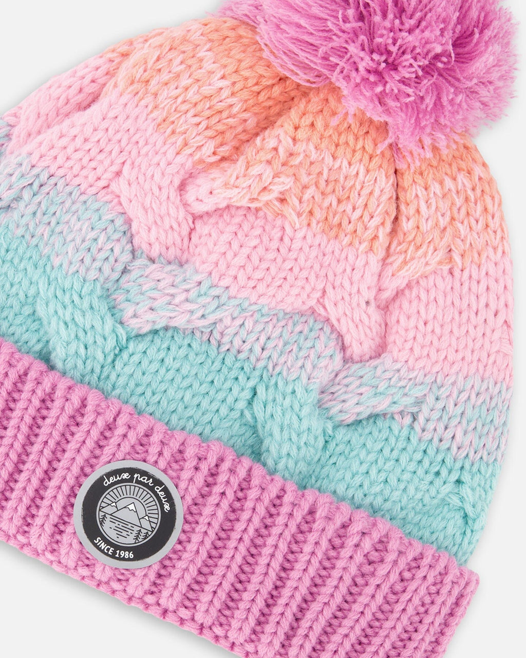 Lined Knit Pompom Hat Pink, Orange And Turquoise