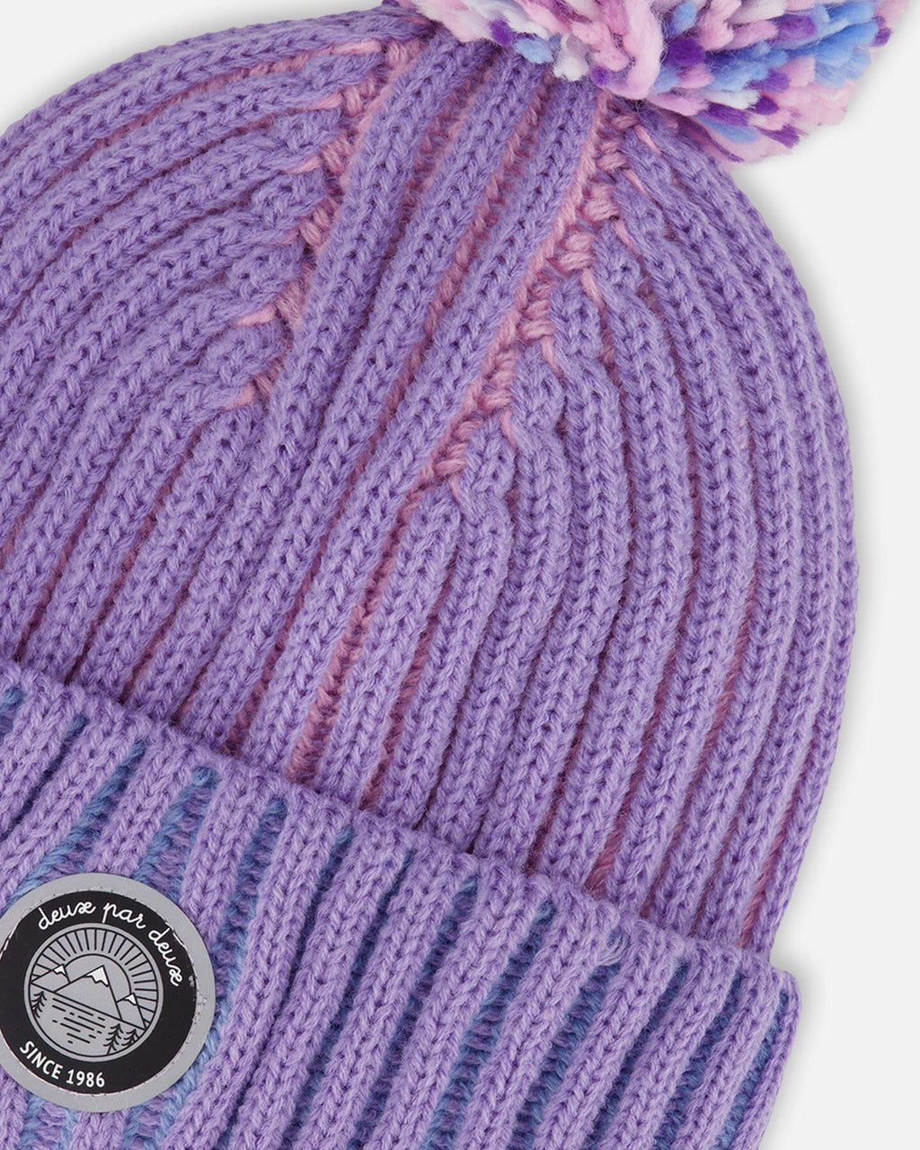 Lined Knit Pompom Hat Blue, Purple And Pink