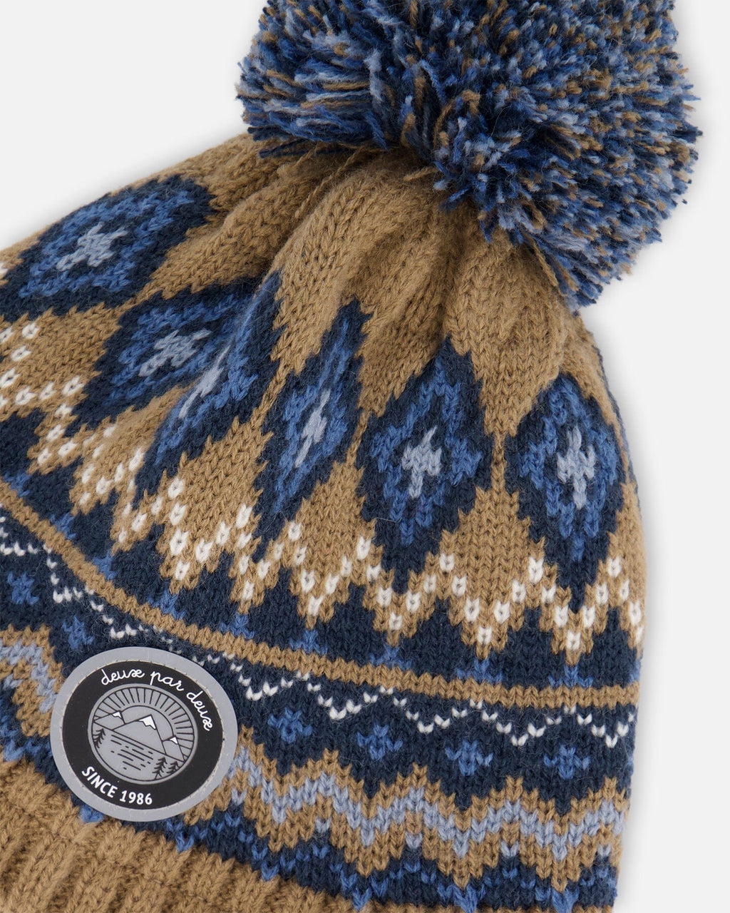Lined Peruvian Knit Pompom Hat Taupe And Navy