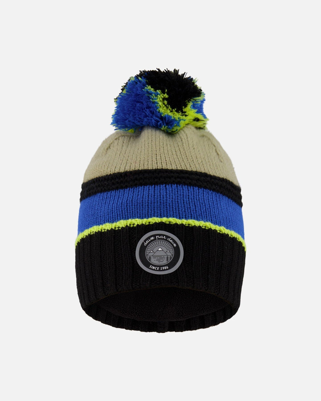 Lined Knit Pompom Hat Black, Taupe And Lime Green