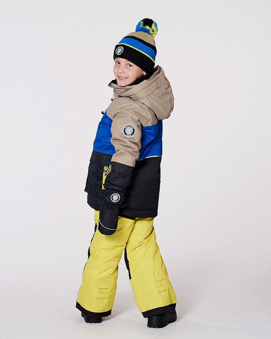 Lined Knit Pompom Hat Black, Taupe And Lime Green