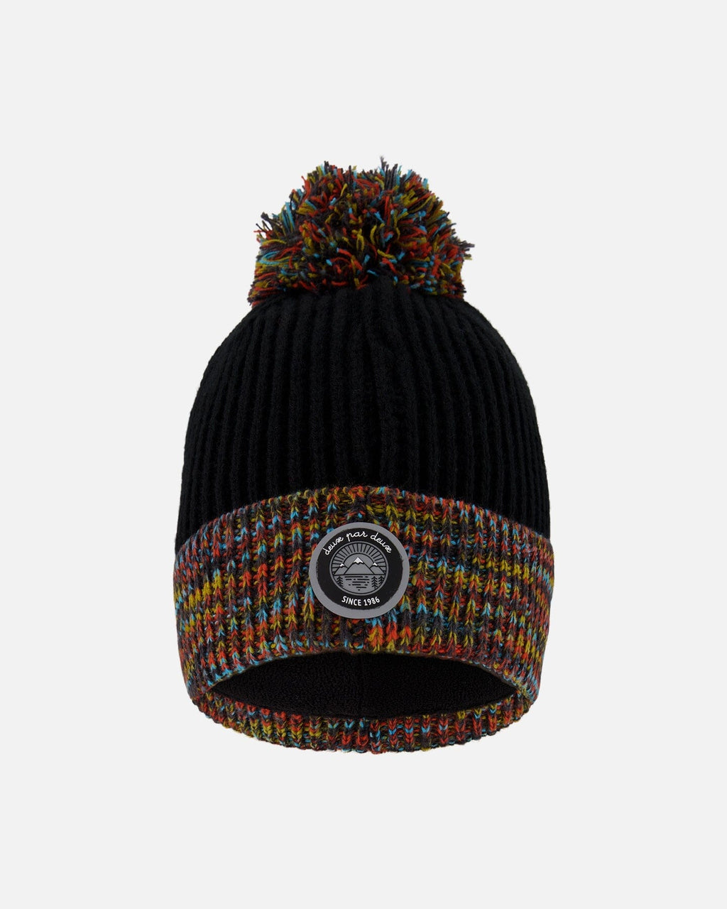 Lined Knit Winter Hat With Pompom Black And Multicolor