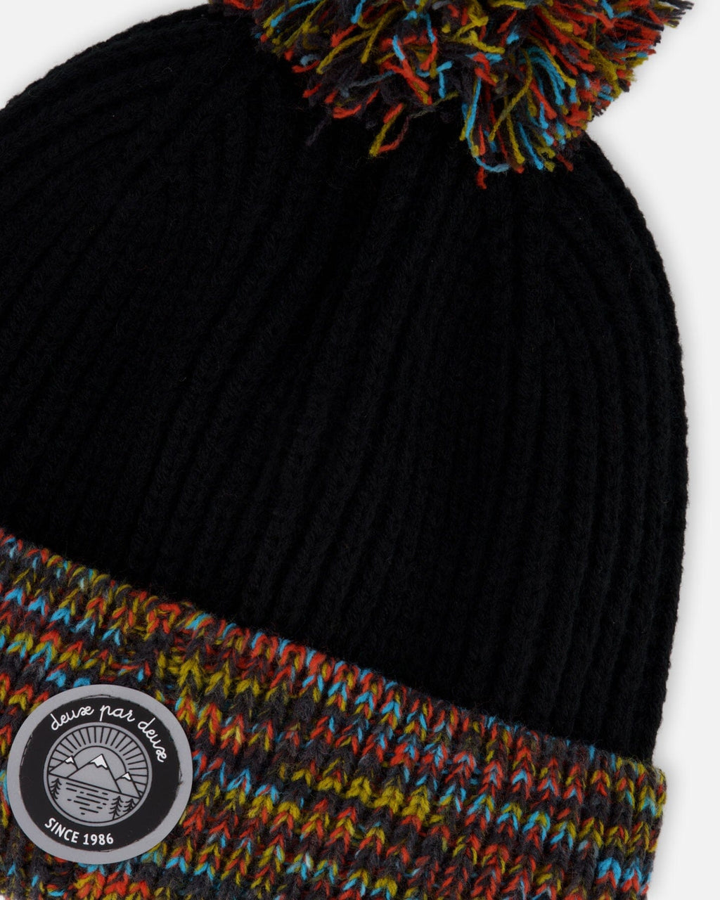 Lined Knit Winter Hat With Pompom Black And Multicolor
