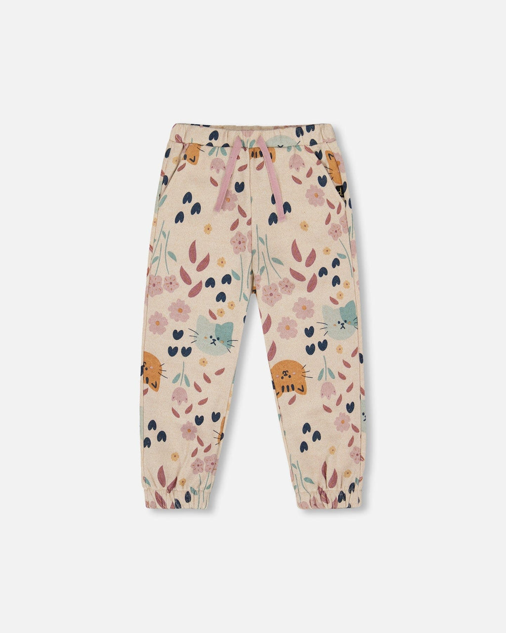Glittering French Terry Sweatpant Beige Cat Print