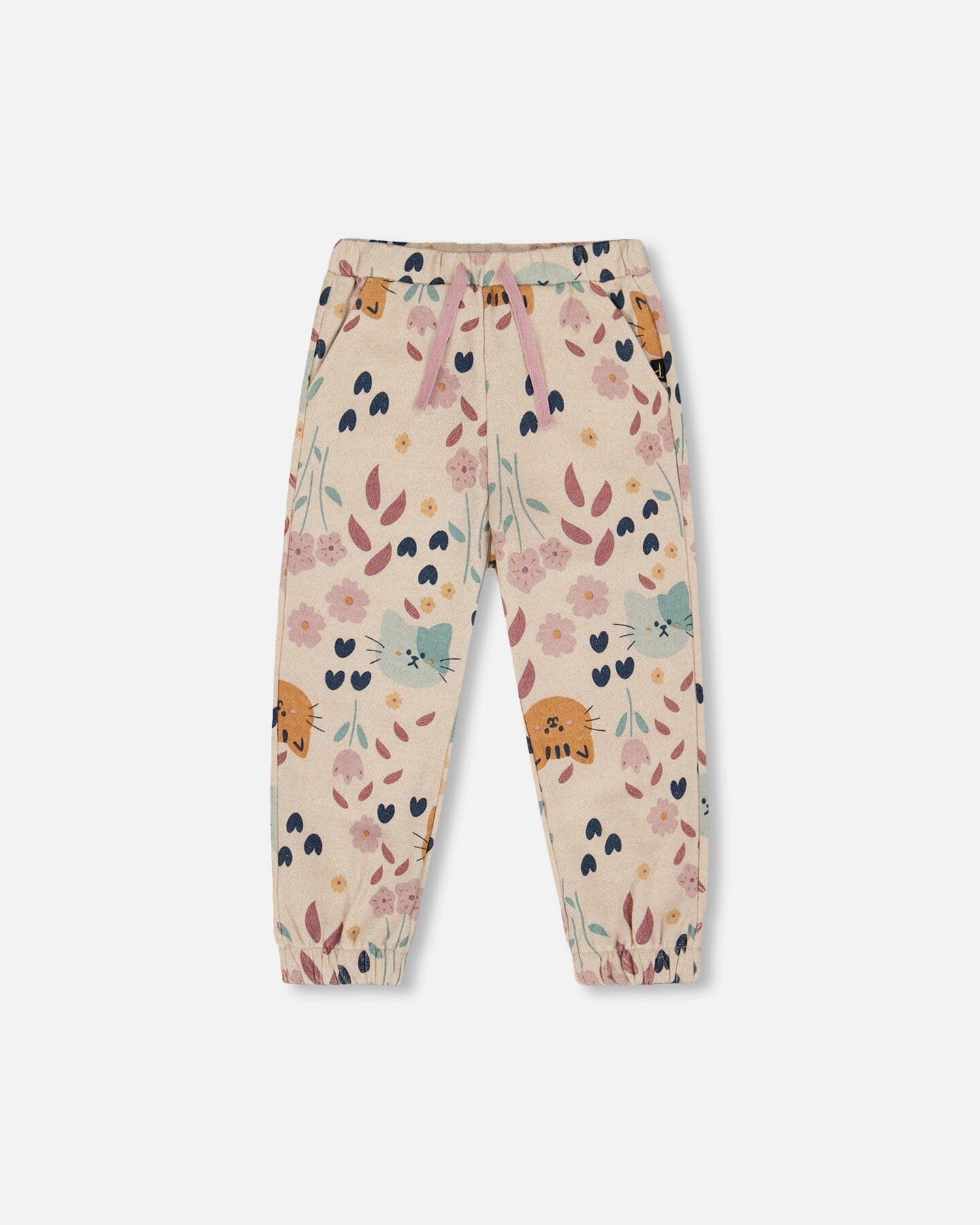 Glittering French Terry Sweatpant Beige Cat Print