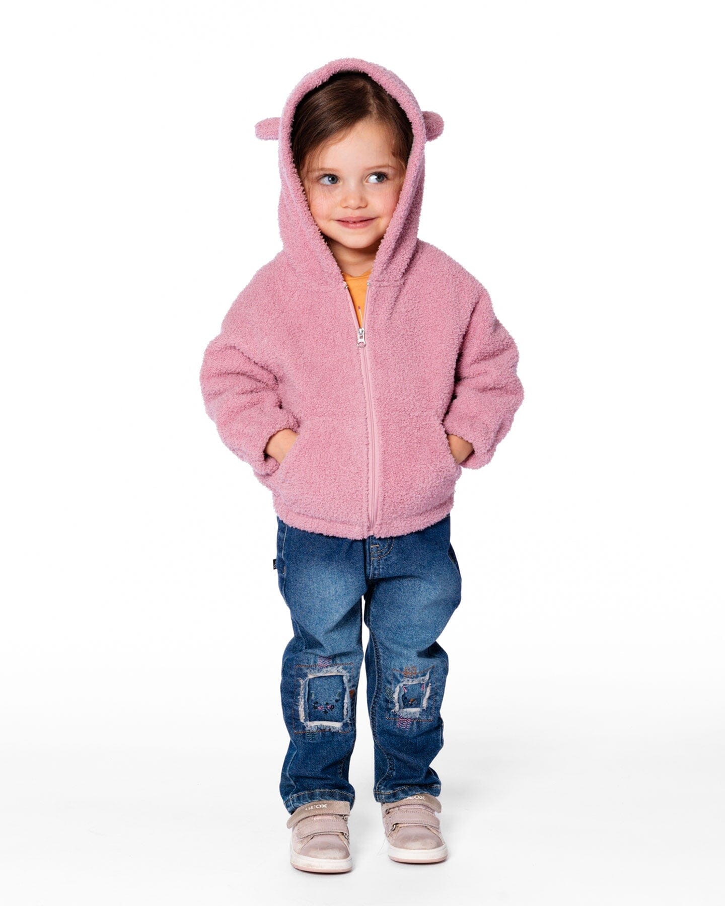 Hooded Full Zip Cat Plush Jacket Dusty Pink