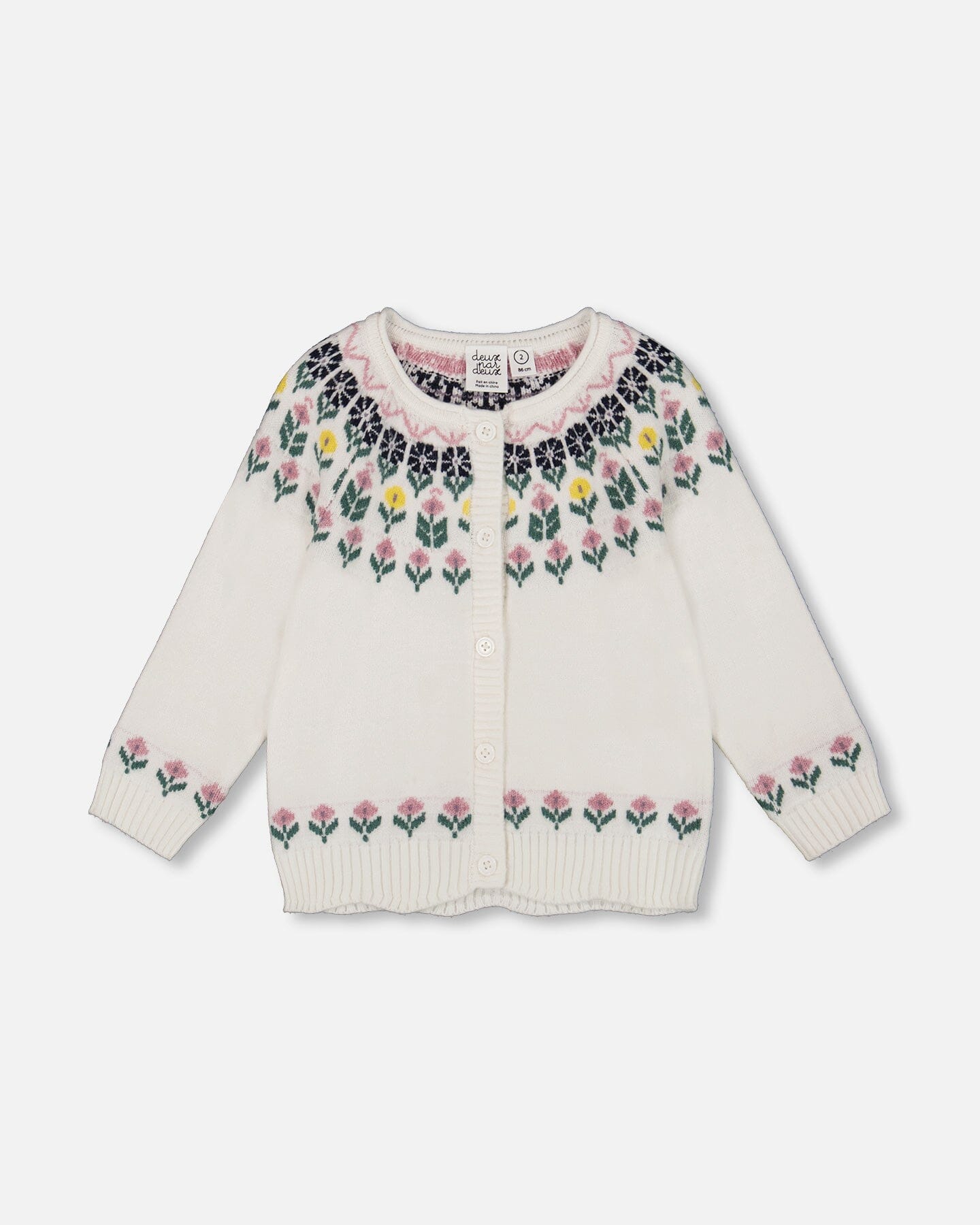 Jacquard Knit Cardigan Off-White With Floral Pattern