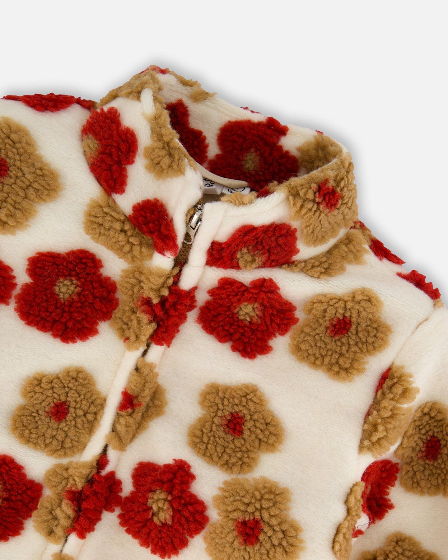 Full Zip Sherpa Jacket With Jacquard Floral Pattern Beige And Red
