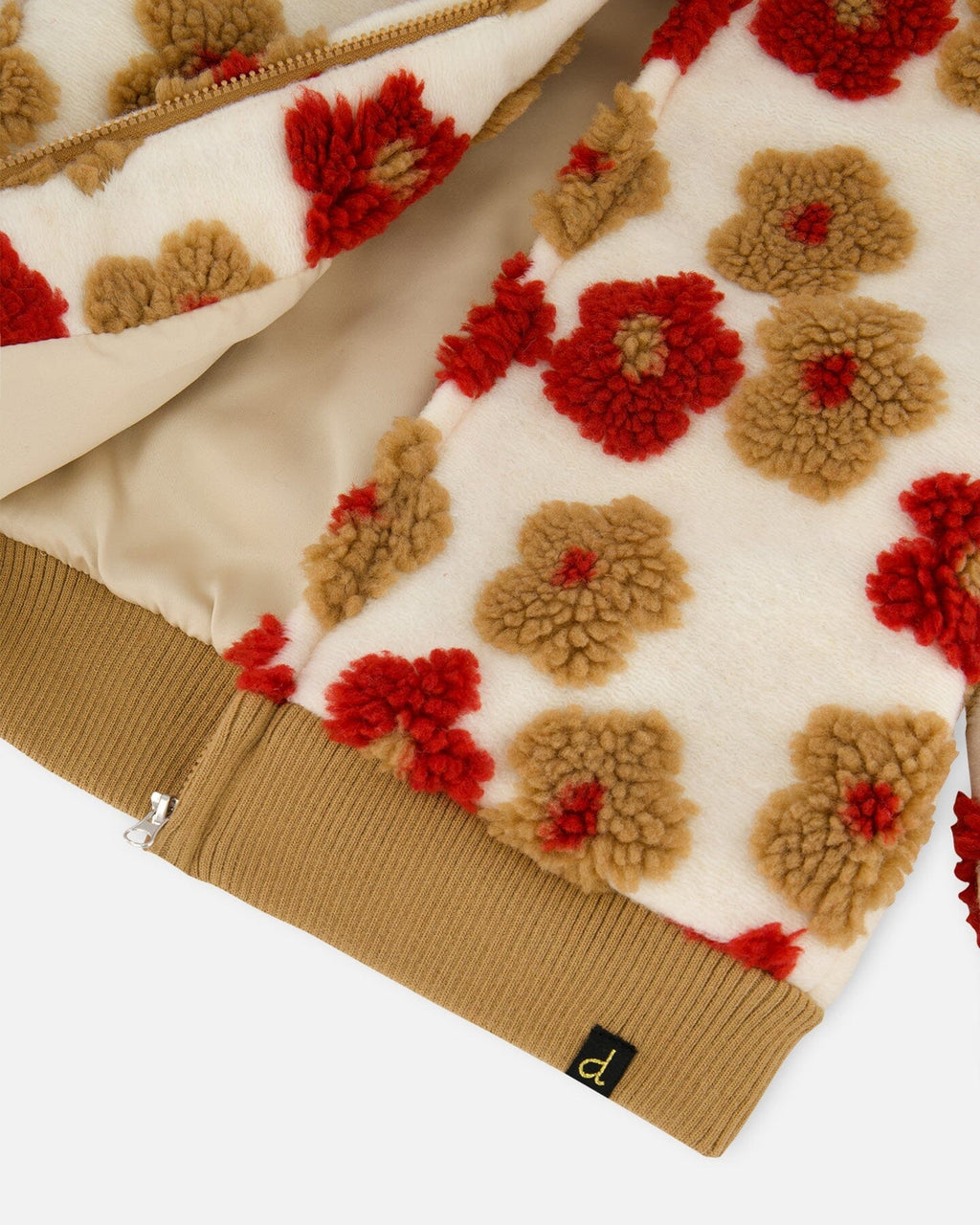 Full Zip Sherpa Jacket With Jacquard Floral Pattern Beige And Red