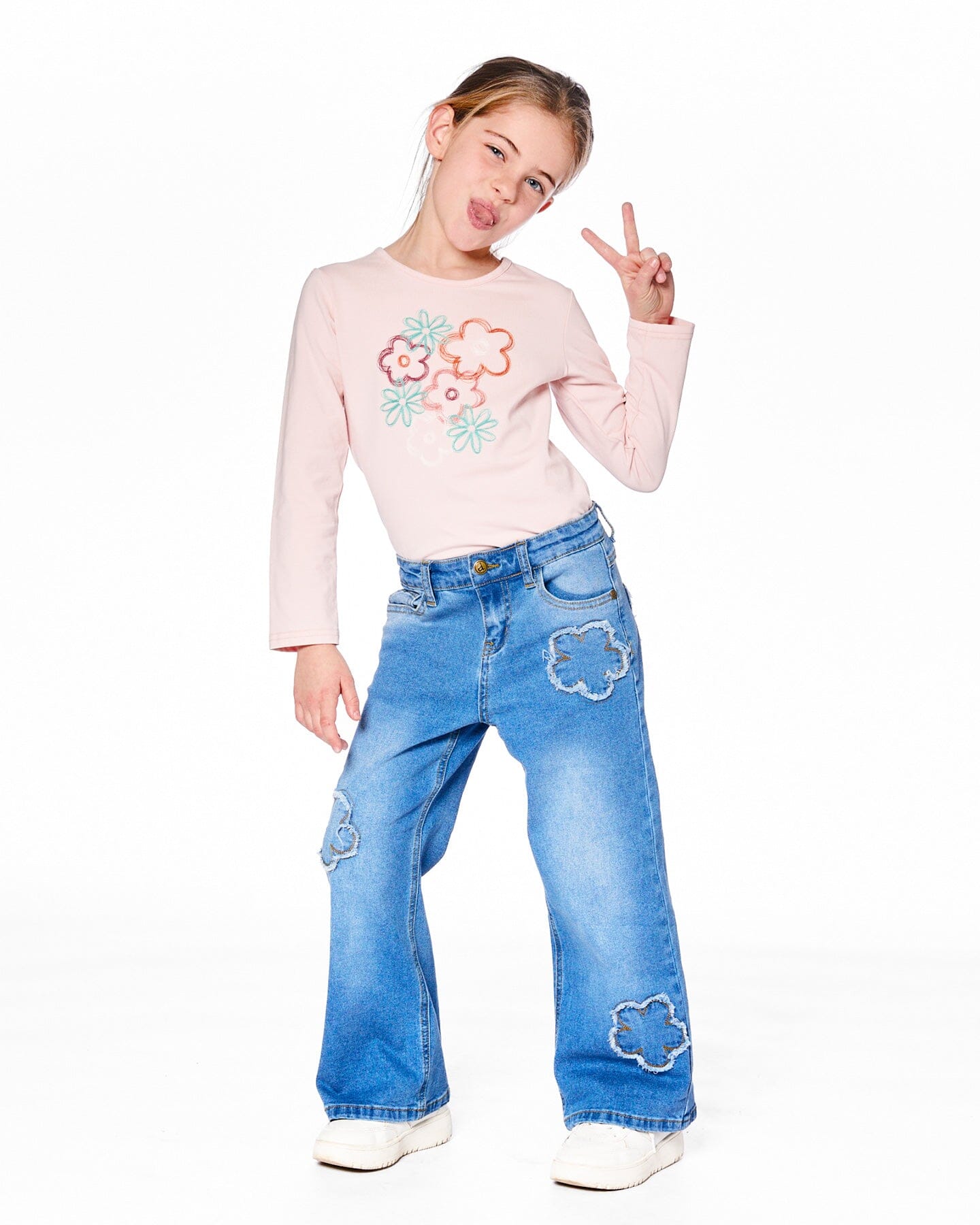 Organic Cotton Long Sleeve T-Shirt Light Pink With Big Flowers