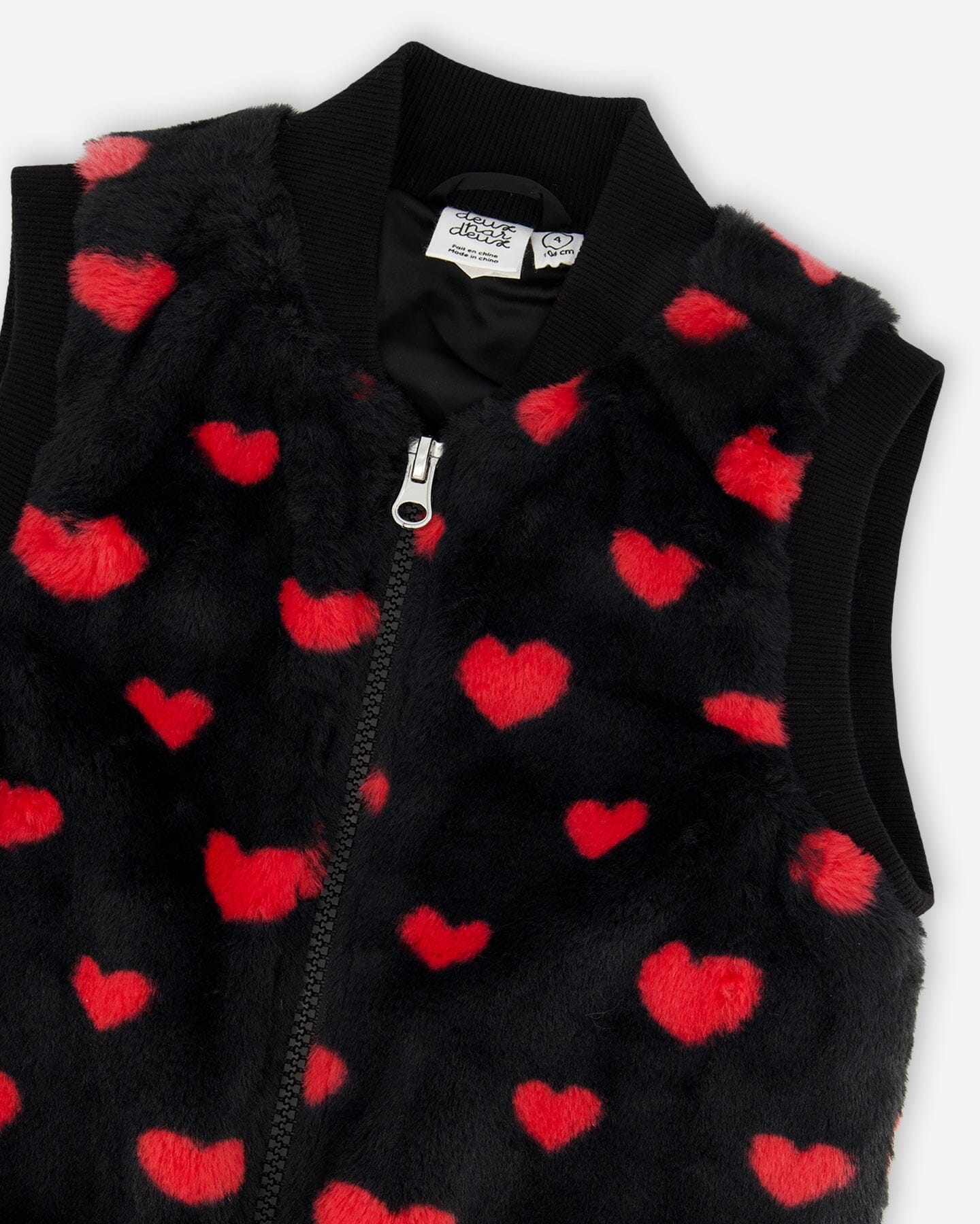 Faux Fur Sleeveless Vest Black And Red With Hearts