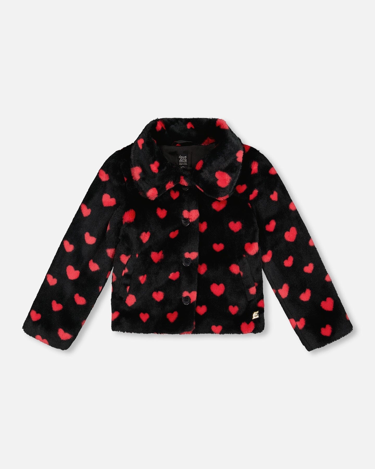 Faux Fur Short Coat Black And Red With Hearts