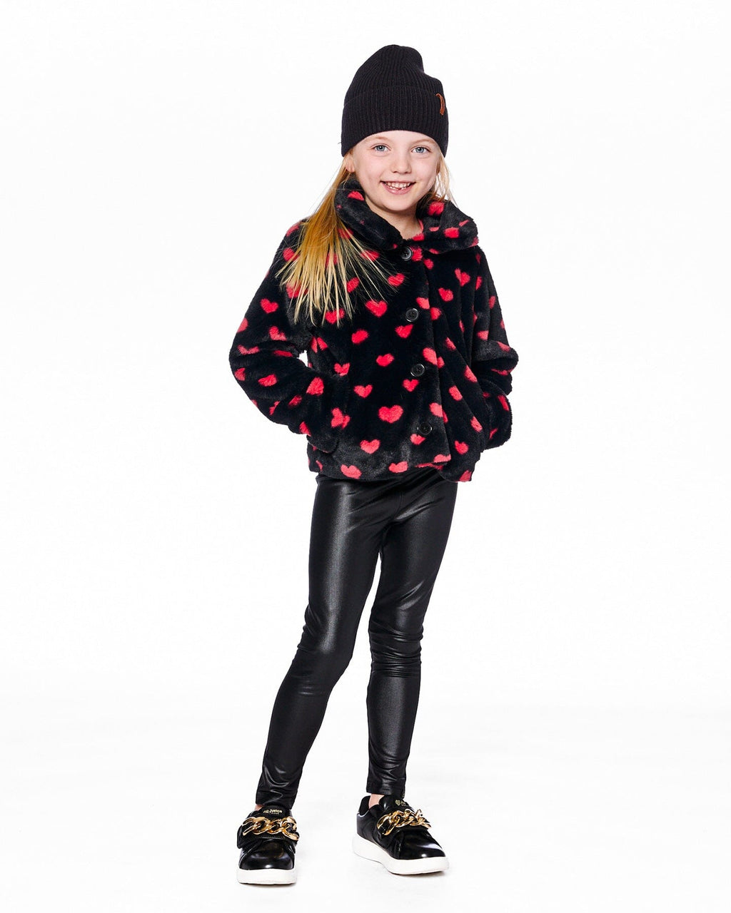 Faux Fur Short Coat Black And Red With Hearts