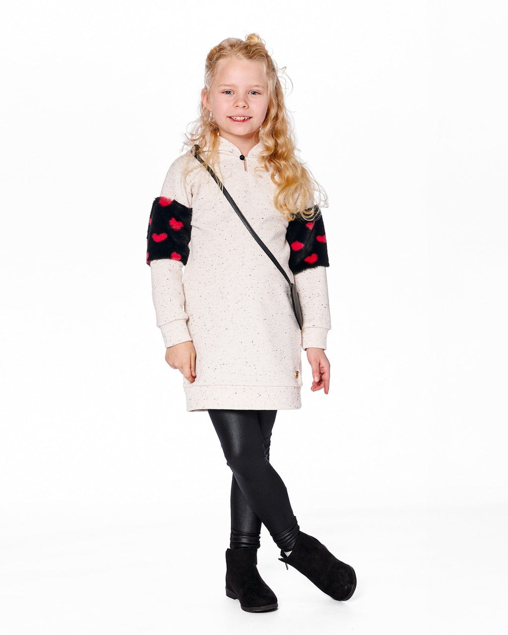 Hooded Glittering French Terry Dress Beige With Heart Bag