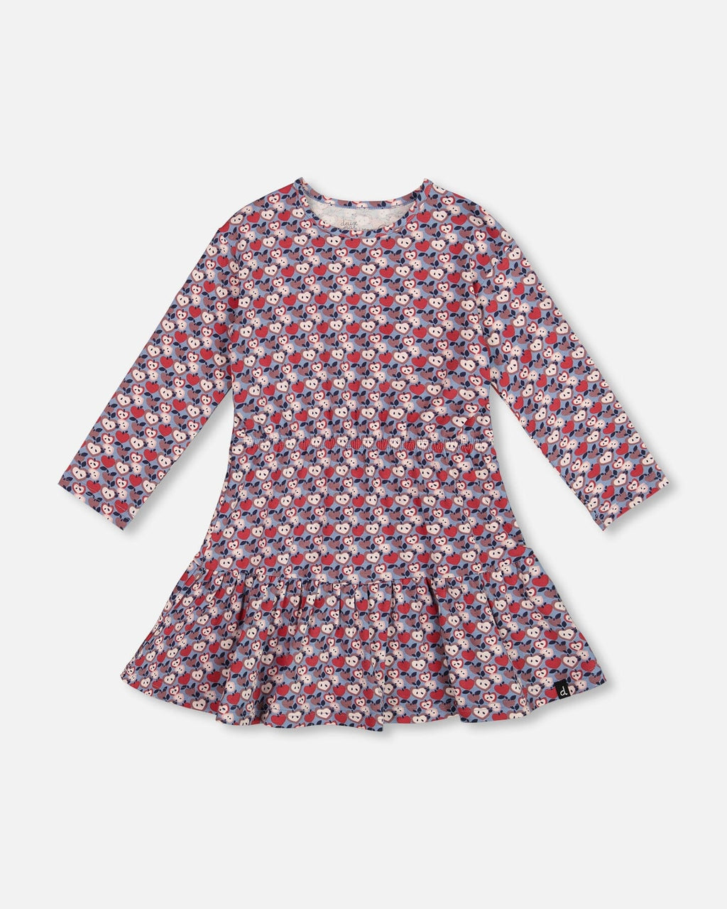 Organic Cotton Dress With Flounce Hem Blue Apple Print