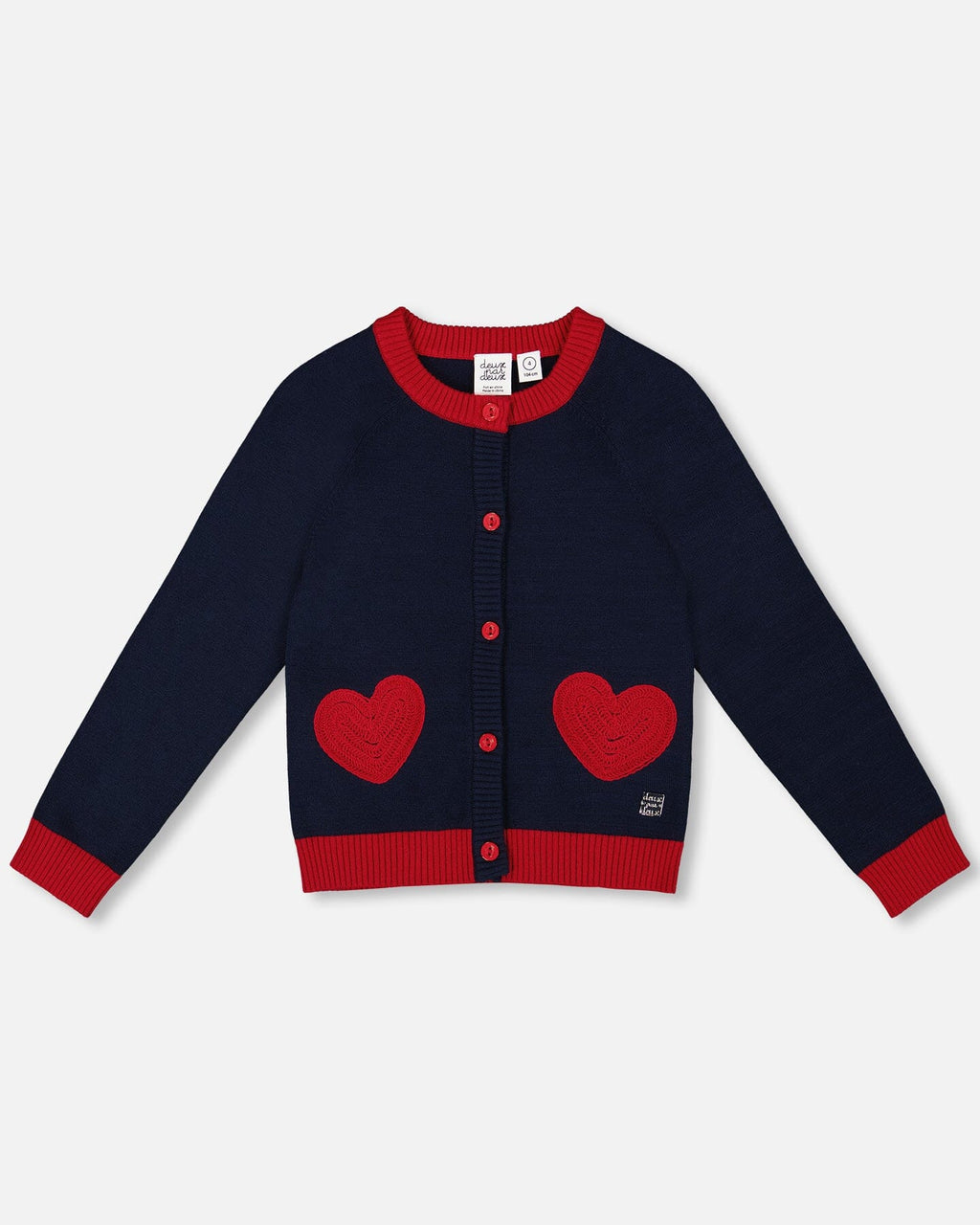 Knitted Cardigan Navy Blue With Red Embroidered Hearts