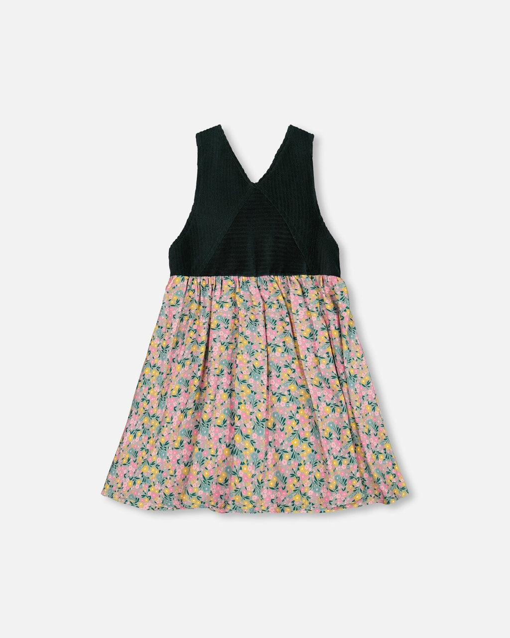 Bi-Material Overall Dress Green With Flower Print