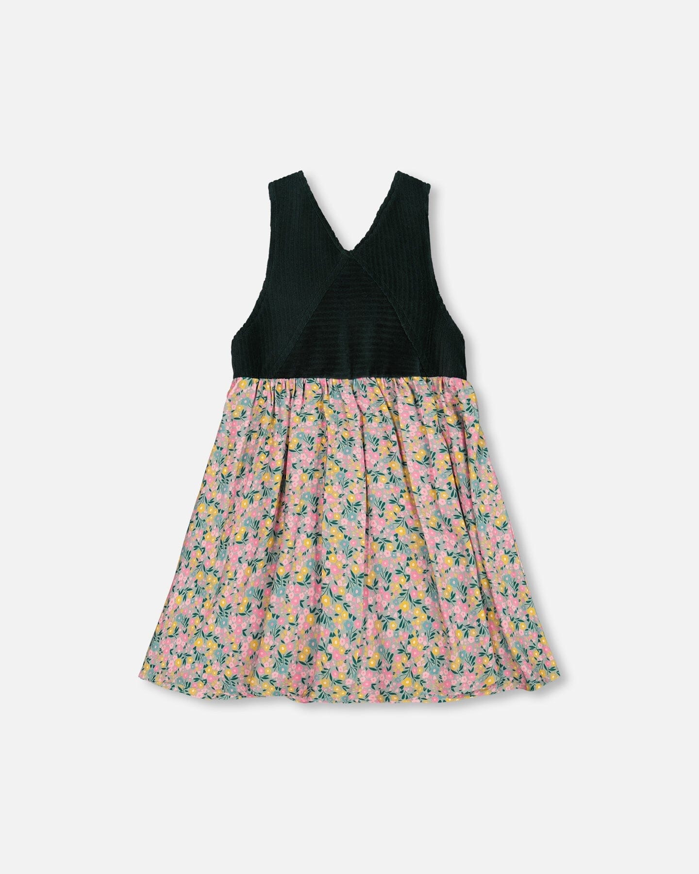 Bi-Material Overall Dress Green With Flower Print