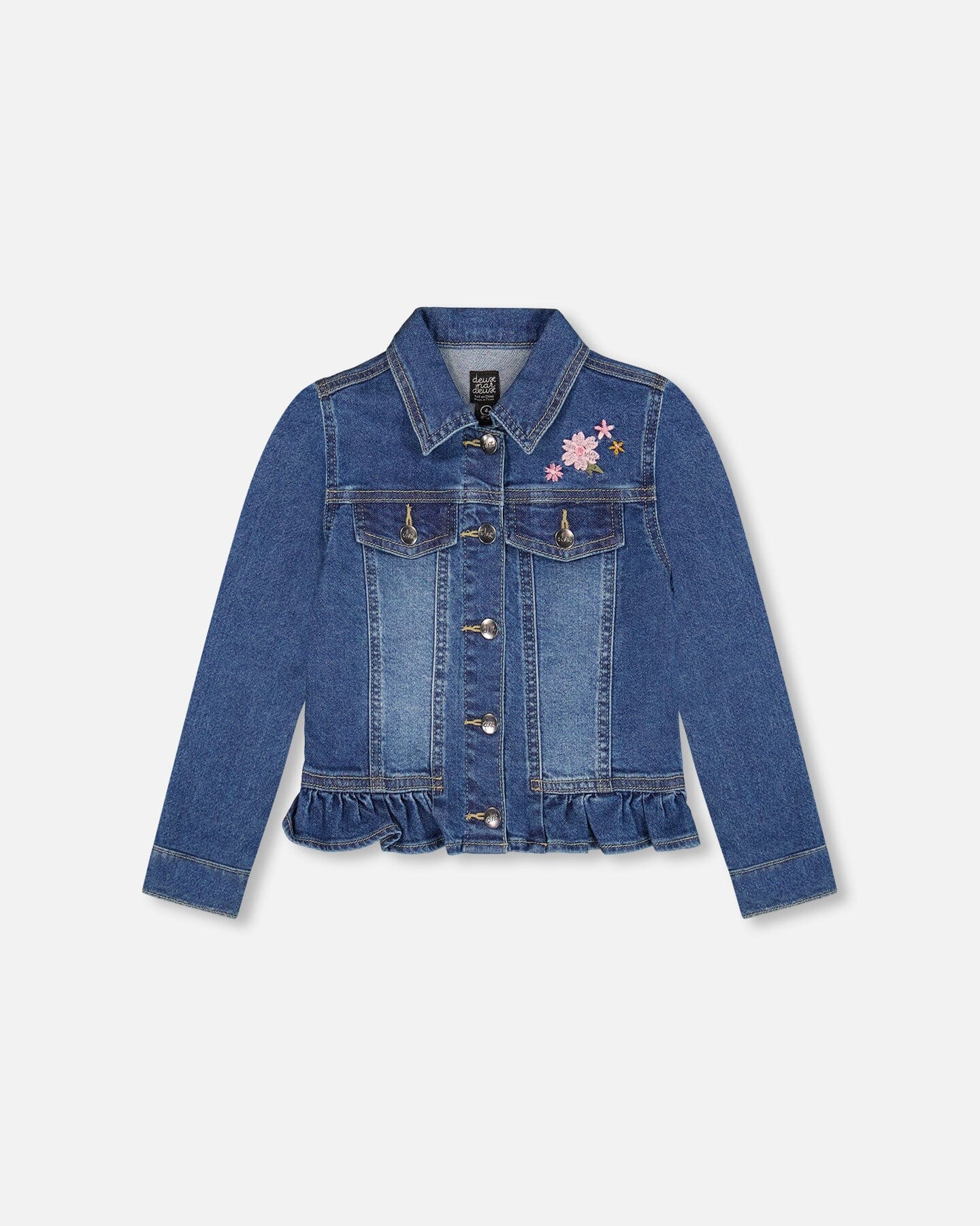 Denim Jacket Blue With Ruffle Hem And Floral Embroidery