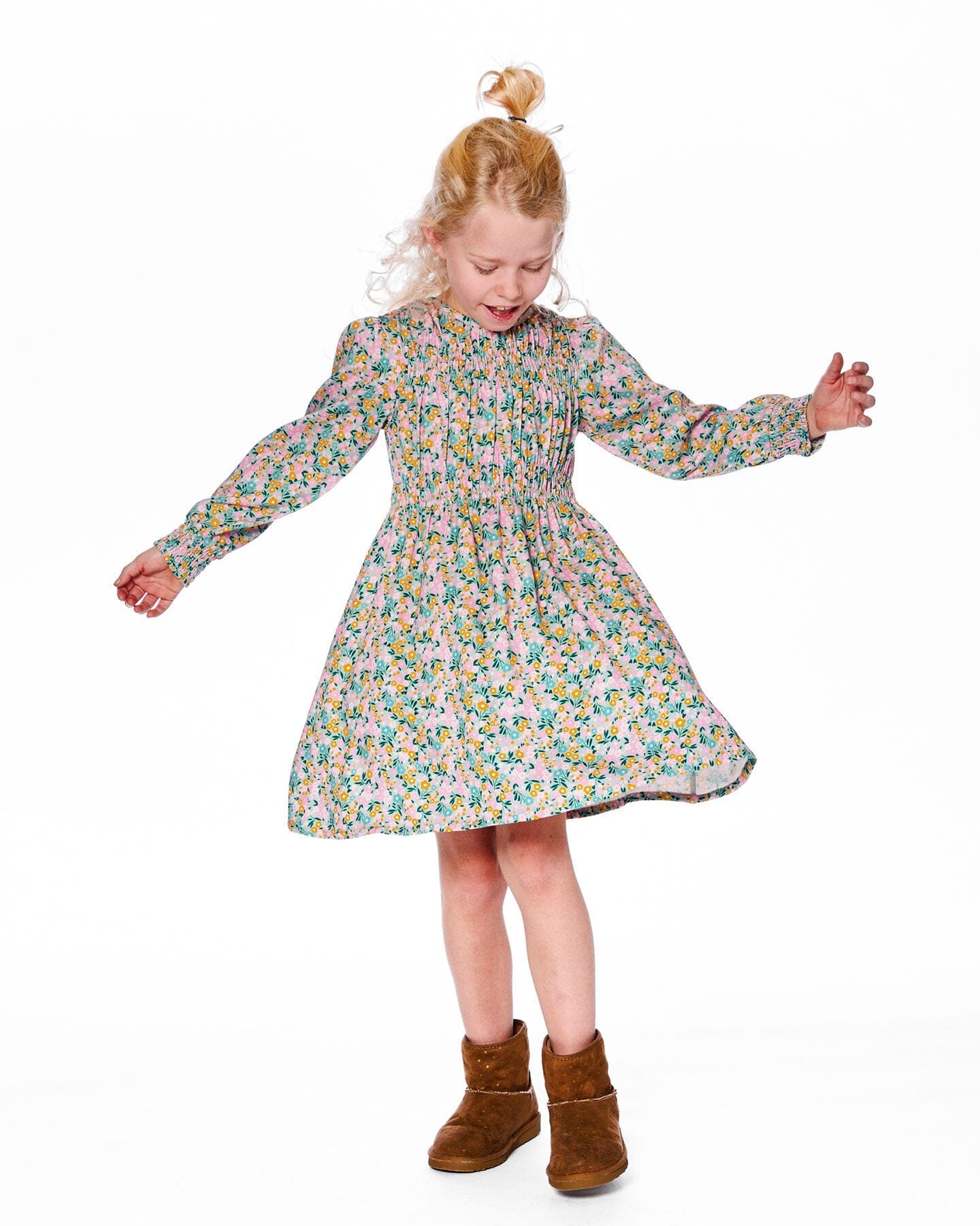 Smocked Viscose Dress Green With Floral Print