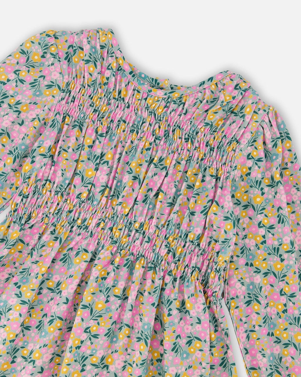 Smocked Viscose Dress Green With Floral Print