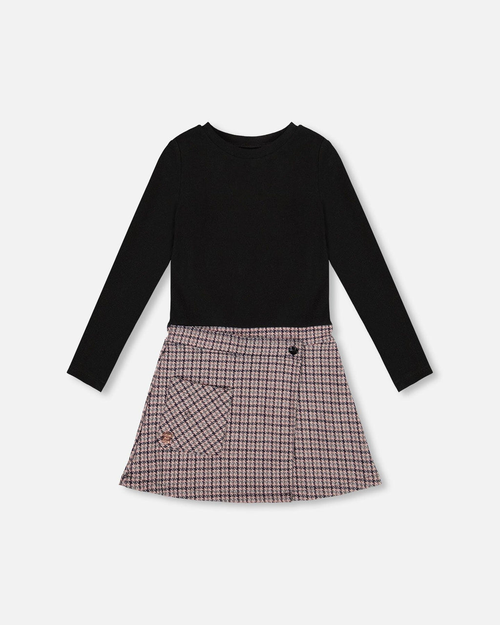 Bi-Material Dress Black And Houndstooth