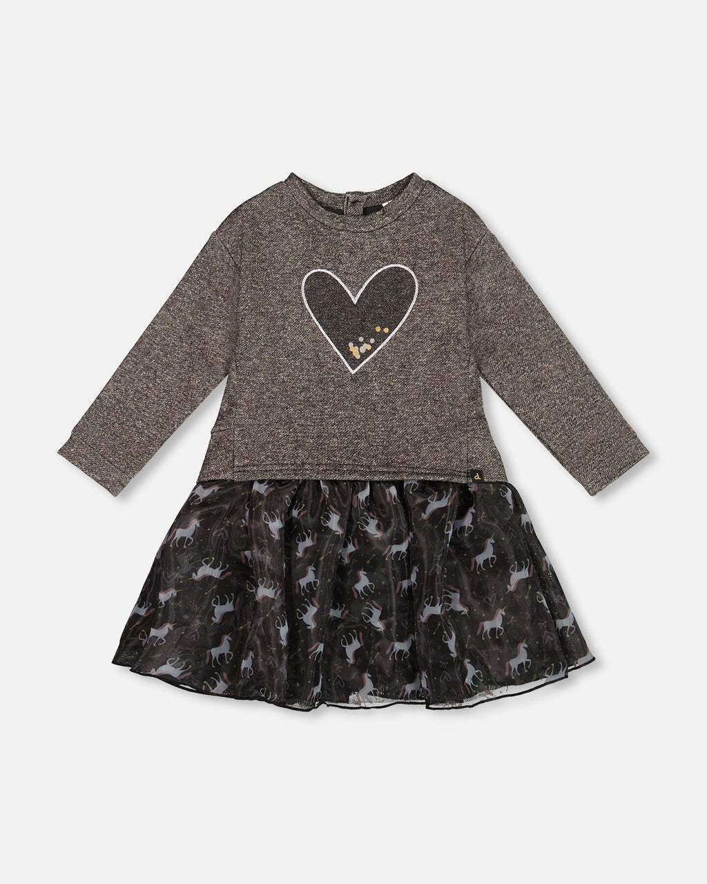 Bi-Material Dress Black With Mesh Skirt And Heart