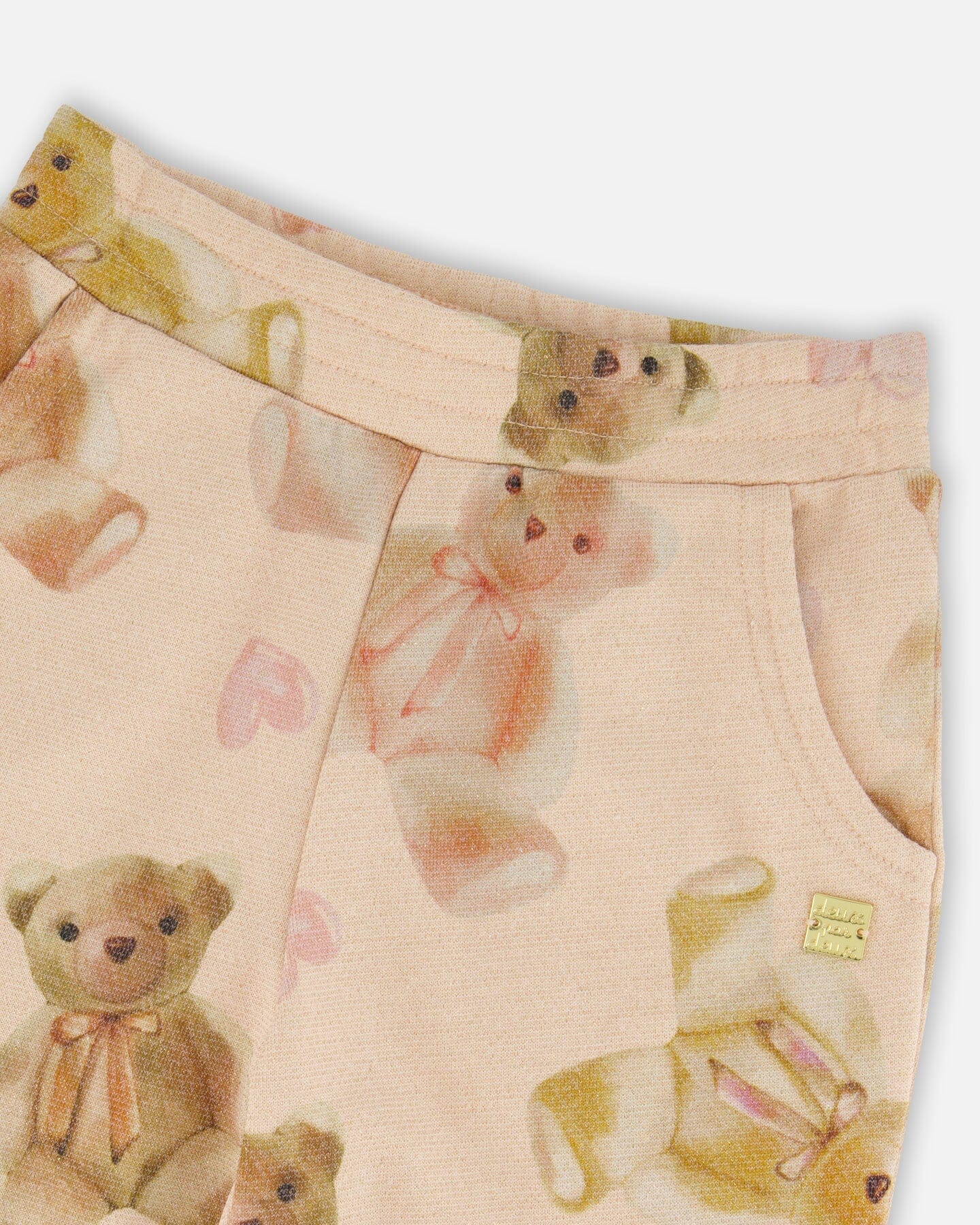 Glittering French Terry Sweatpants Beige Teddy Bear Print
