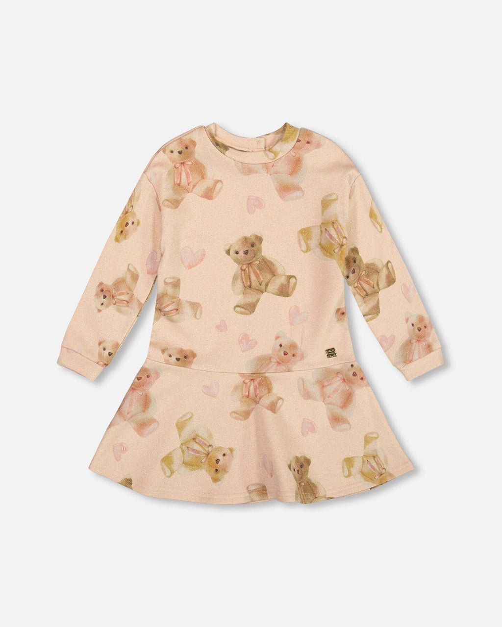 Glittering French Terry Dress Beige Teddy Bear Print