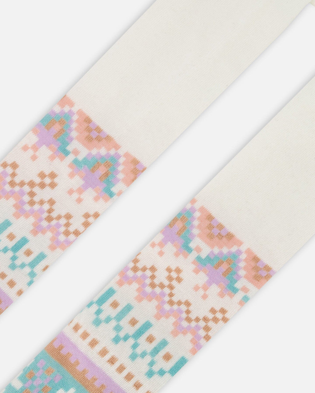 Knit Tights White Pink And Turquoise With Norwegian Jacquard