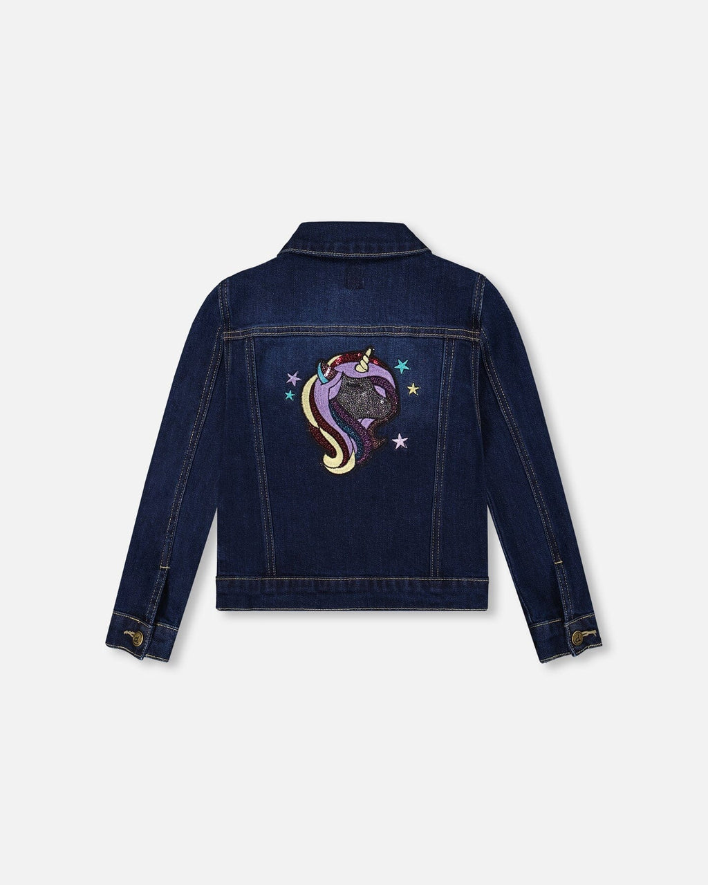 Stretch Denim Jacket Dark Blue With Glittery Hearts And Unicorn