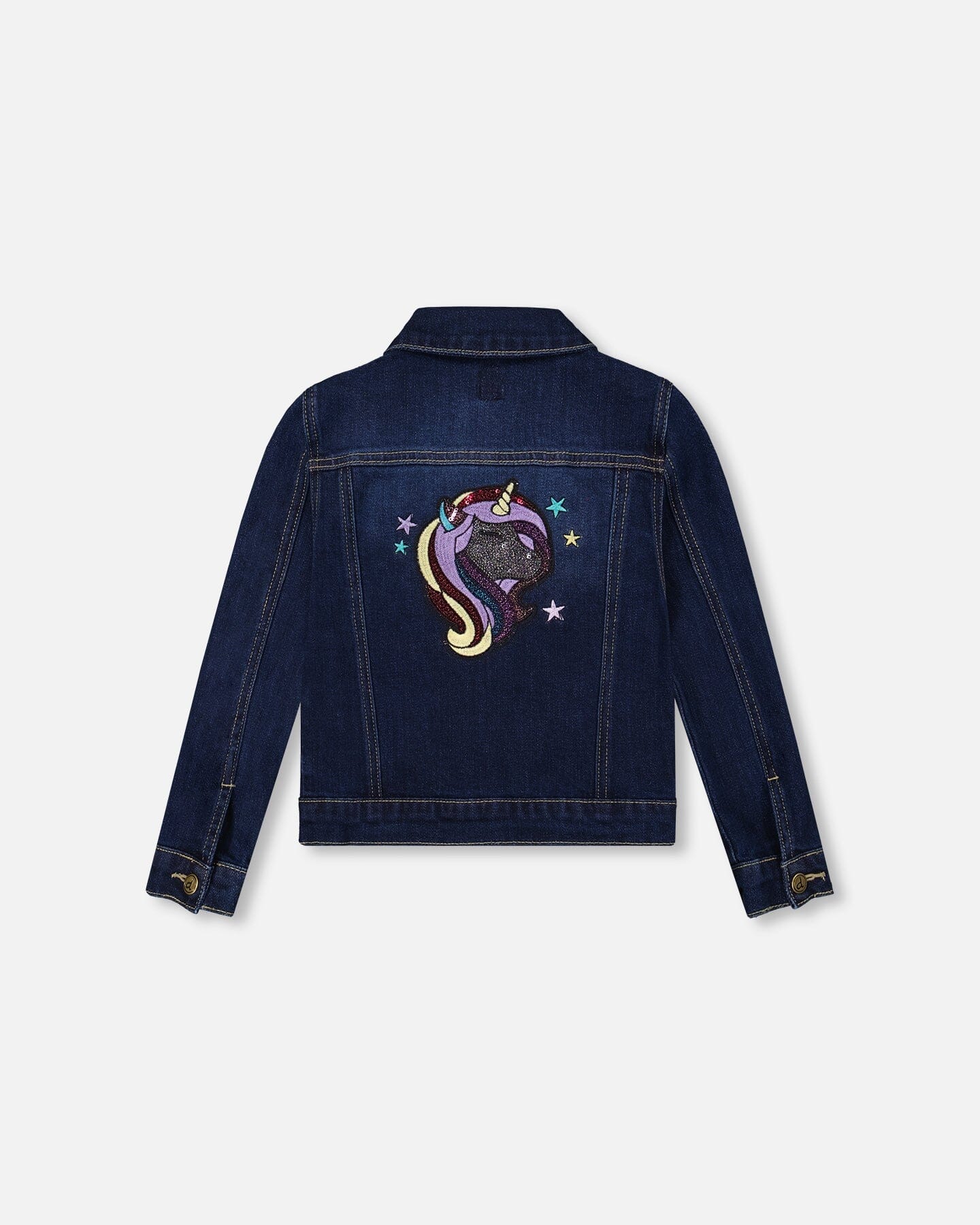 Stretch Denim Jacket Dark Blue With Glittery Hearts And Unicorn