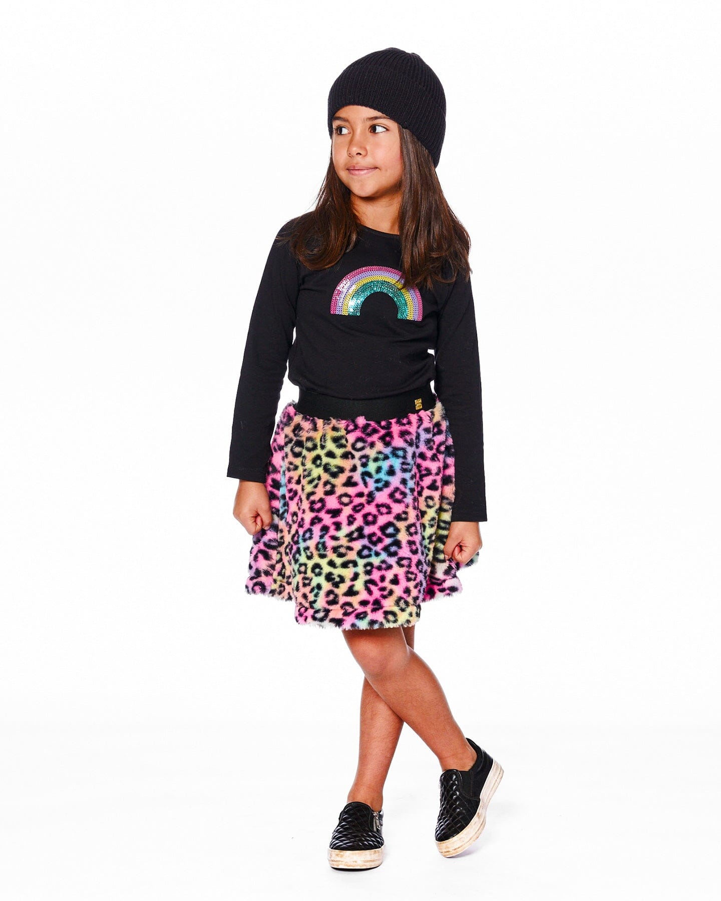 Organic Cotton Long Sleeve T-Shirt Black With Sequin Rainbow