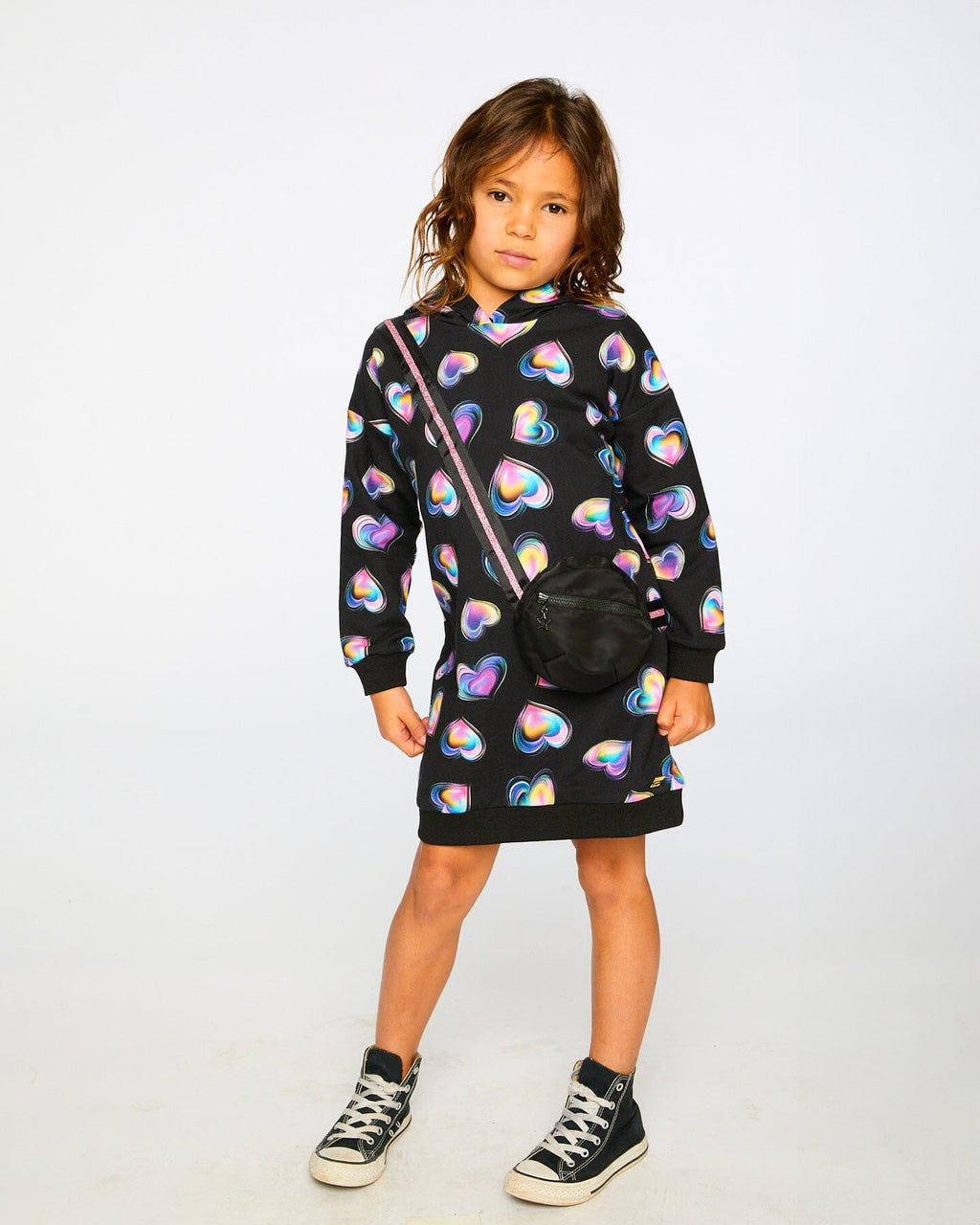 Hooded Fleece Dress Black And Multicolor With Trompe-L’Œil Bag Detail