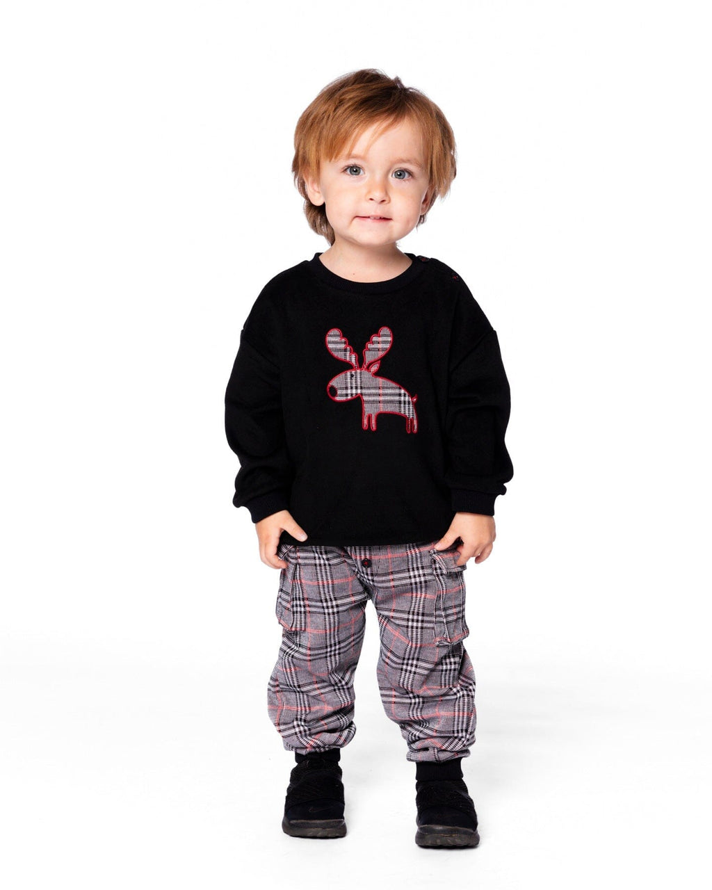 Sweater And Cargo Pants Set Black With Moose Applique