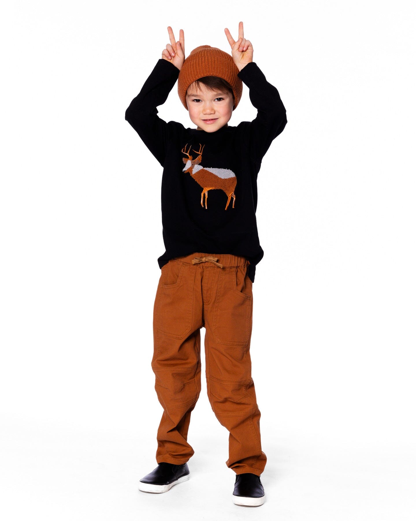 Organic Cotton T-Shirt Black With Boucle Deer Applique