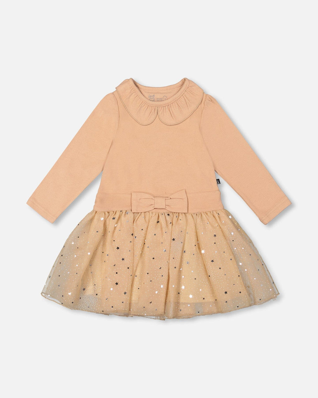 Bi-Material Dress With Glittering Skirt Beige