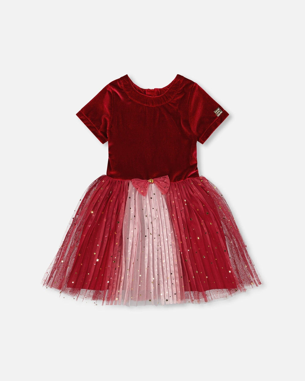 Bi-Material Short Sleeve Party Dress Red