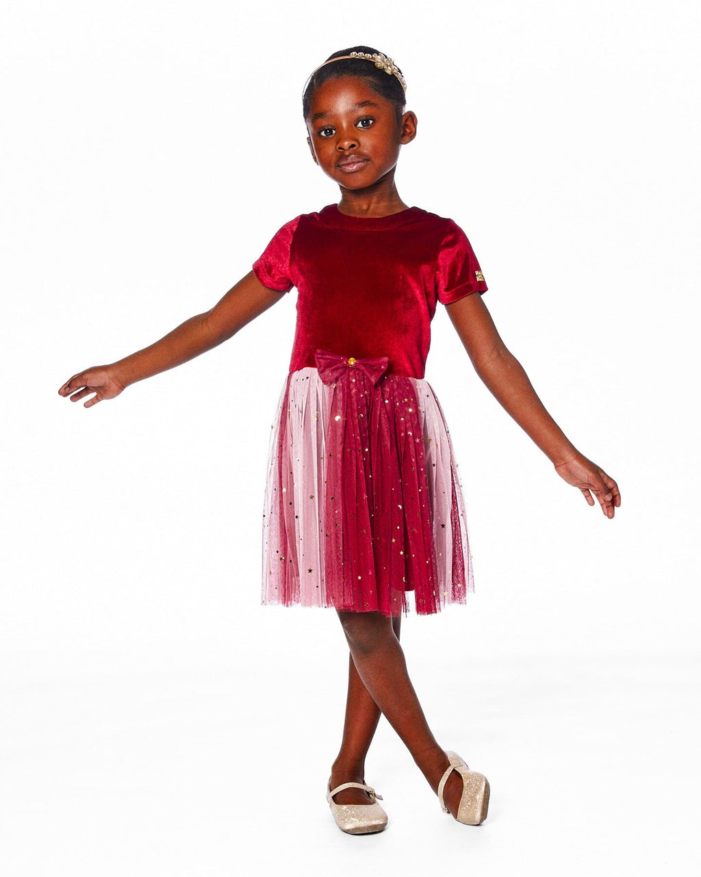 Bi-Material Short Sleeve Party Dress Red