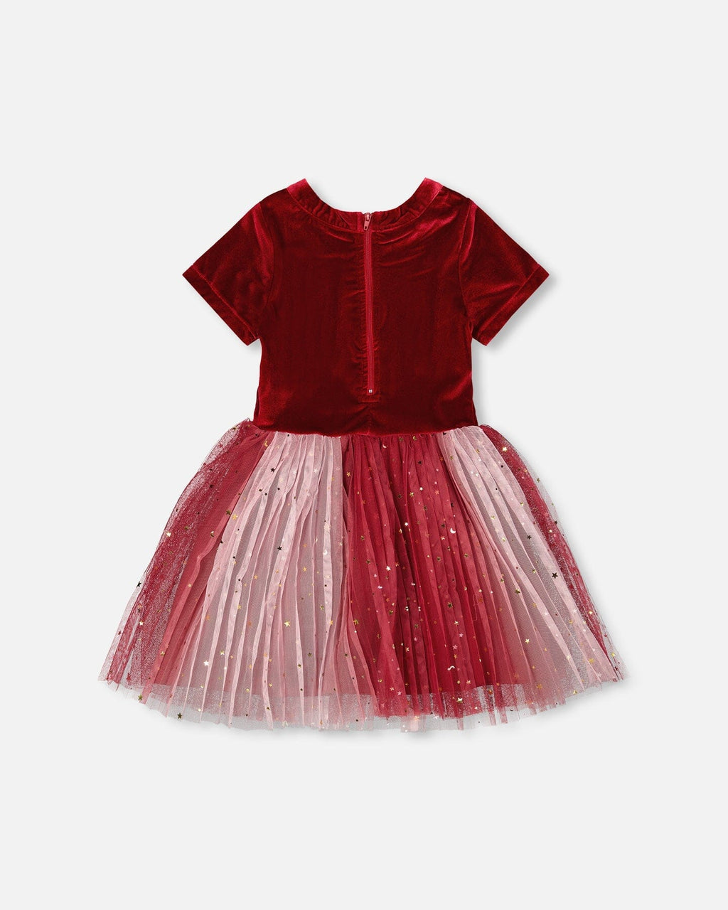 Bi-Material Short Sleeve Party Dress Red