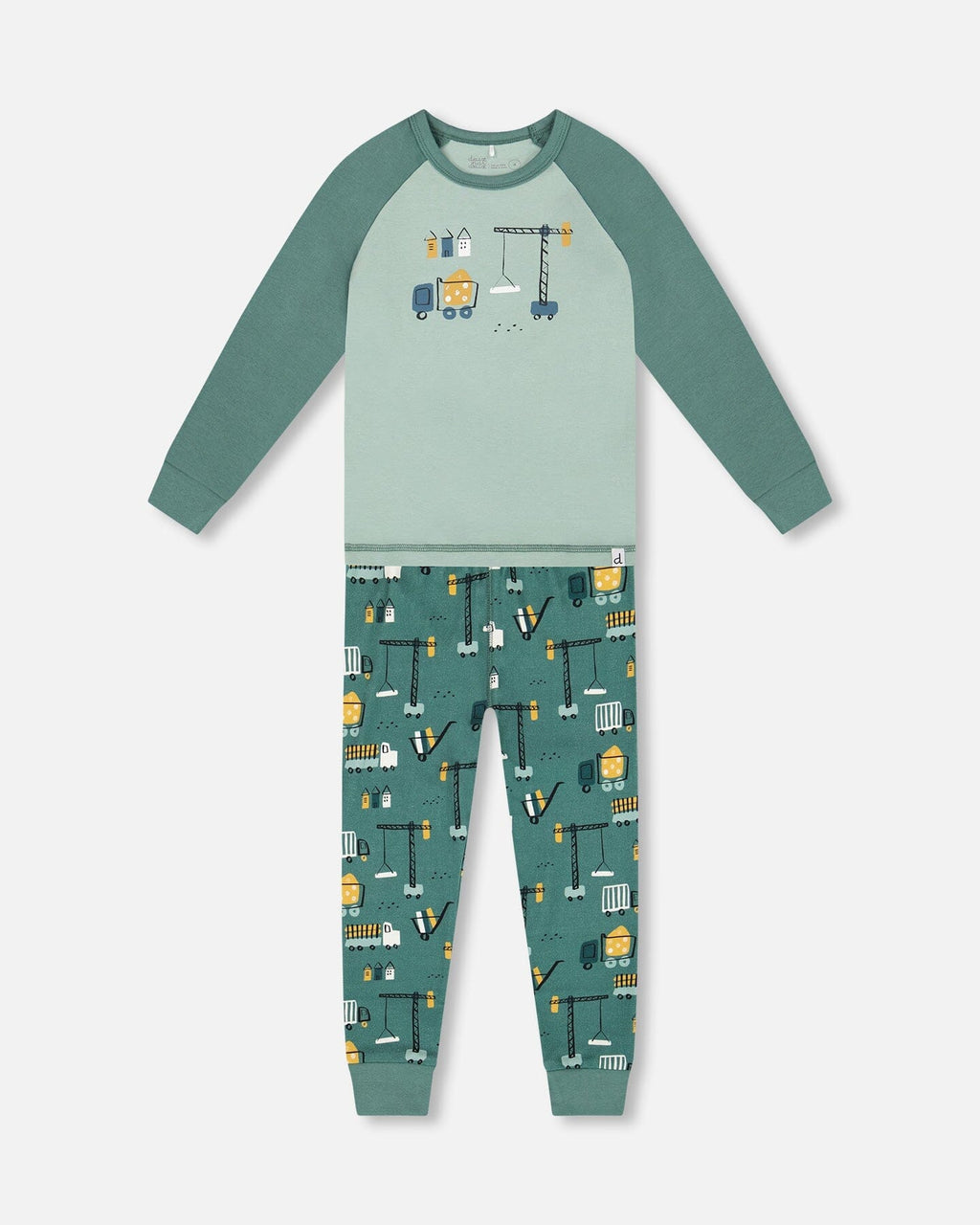 Two-Piece Organic Cotton Pajama Set Teal Construction Print