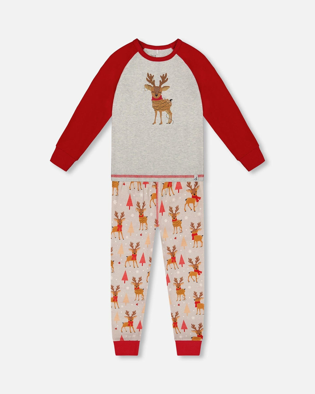 Two-Piece Organic Cotton Pajama Set Beige Reindeer Print