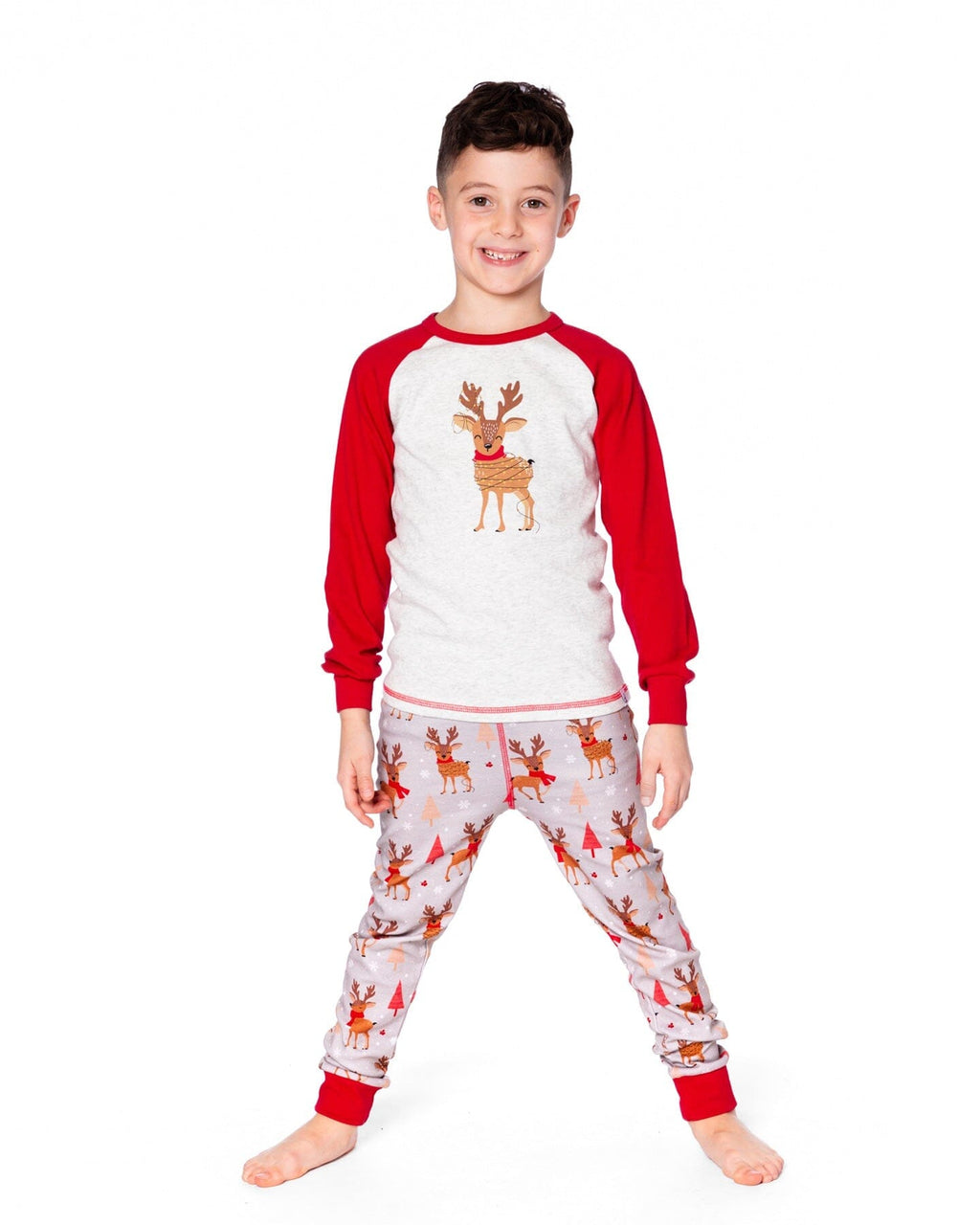 Two-Piece Organic Cotton Pajama Set Beige Reindeer Print