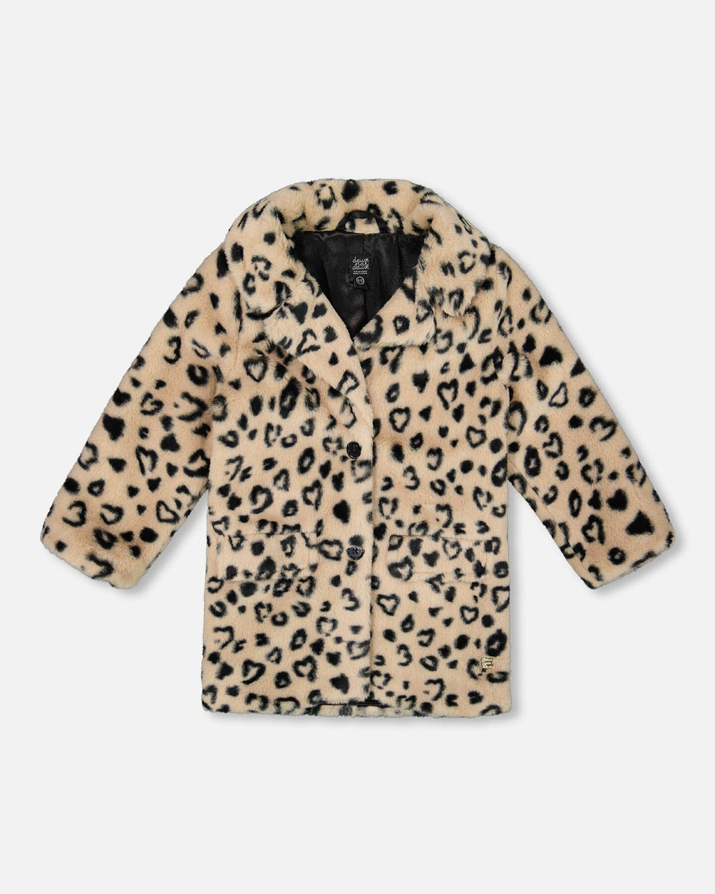 Printed Fake Fur Long Coat Black And Beige Leopard